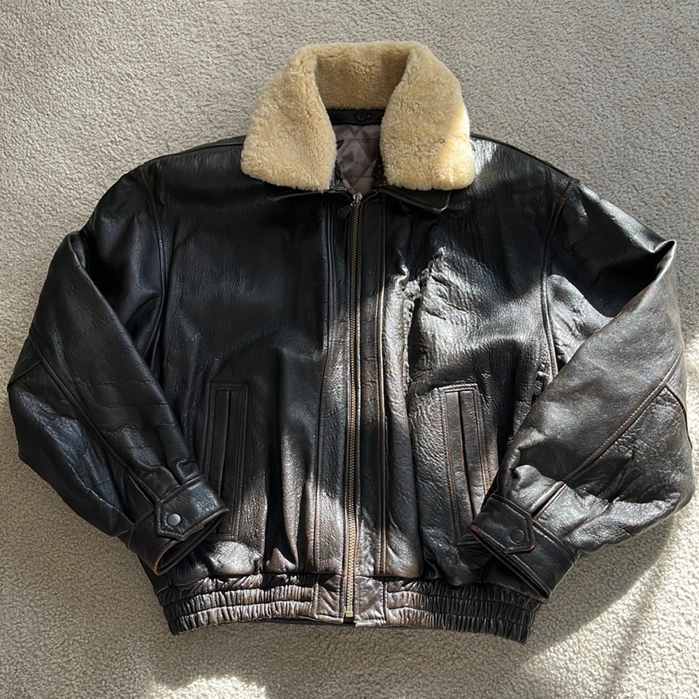 Vintage genuine leather,lamb fur military style bomber jacket, size large